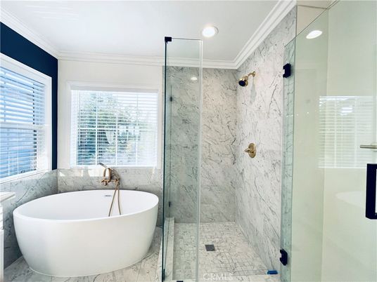 Bathroom, Free Standing Baths, Glass Shower, Interior, Marble, Marble Walls, Recessed Lighting