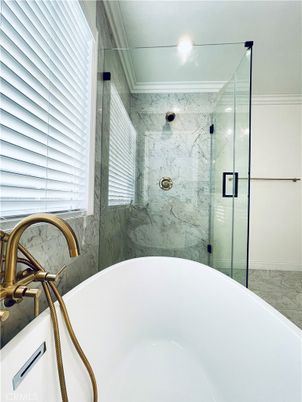 Bathroom, Free Standing Baths, Glass Shower, Interior, Marble Walls, Recessed Lighting