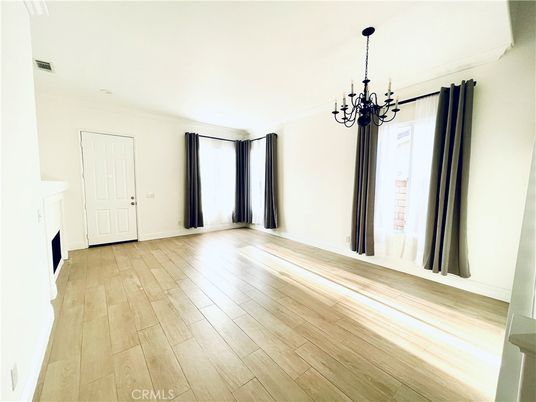 Chandelier, Empty room, Fireplace, Interior, Wood Texture Flooring