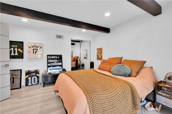 Bedroom, Interior, Recessed Lighting, Wooden Beams, Wood Texture Flooring