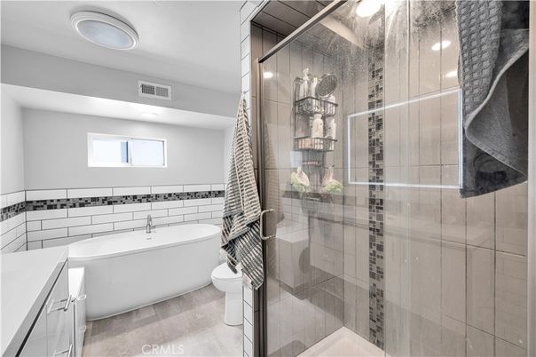 Bathroom, Free Standing Baths, Glass Shower, Interior, Recessed Lighting
