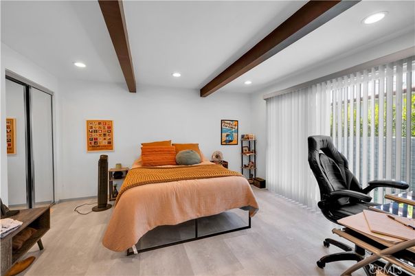 Bedroom, Home Office, Interior, Recessed Lighting, Wooden Beams, Wood Texture Flooring