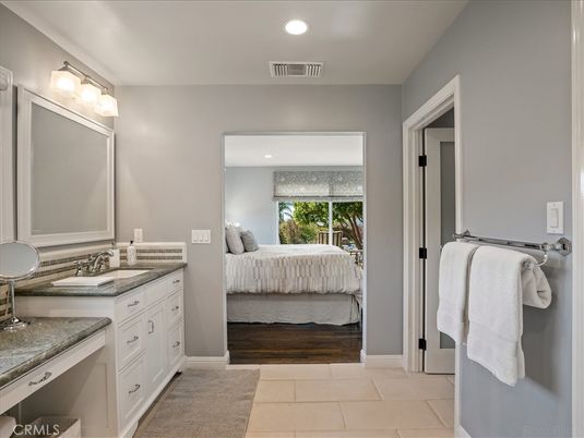 Bathroom, Bedroom, Dual Sink Vanities, Interior, Recessed Lighting, Wood Texture Flooring