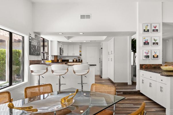 Dining room, Interior, Kitchen, Recessed Lighting, Wood Texture Flooring