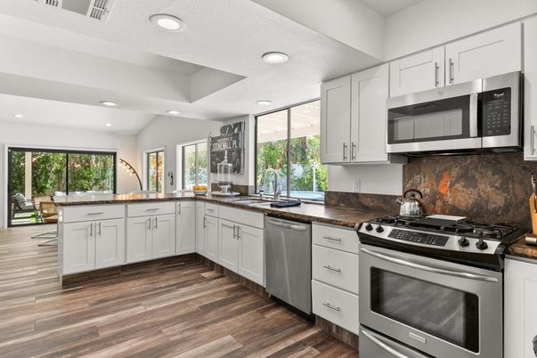 Interior, Kitchen, Recessed Lighting, Stainless Steel Appliances, Wood Texture Flooring