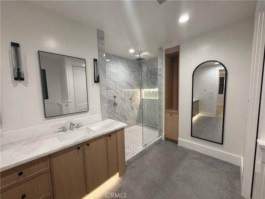 Bathroom, Glass Shower, Interior, Marble Walls, Recessed Lighting