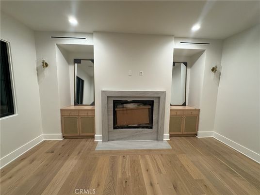 Fireplace, Interior, Recessed Lighting, Wood Texture Flooring