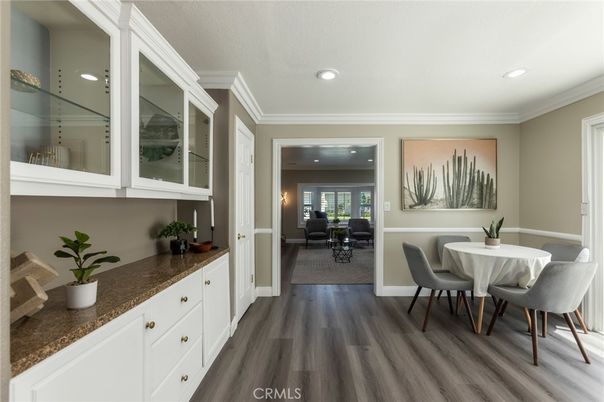 Dining room, Interior, Living room, Recessed Lighting, Wood Texture Flooring