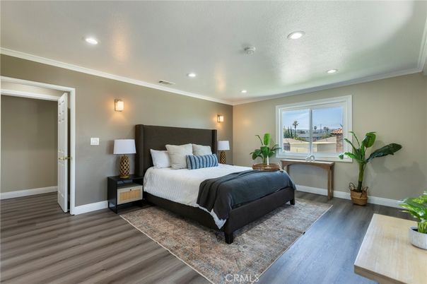 Bedroom, Interior, Recessed Lighting, Wood Texture Flooring