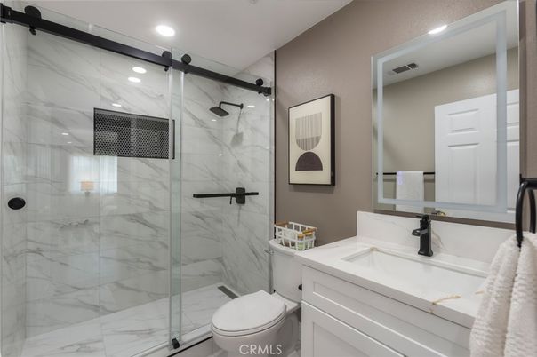 Bathroom, Glass Shower, Interior, Marble Walls, Recessed Lighting