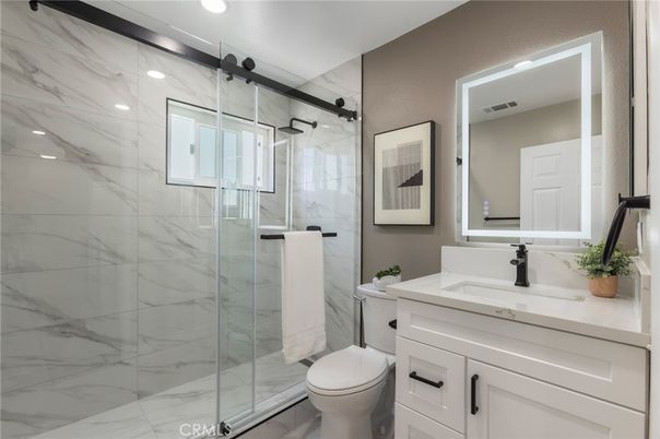 Bathroom, Glass Shower, Interior, Marble Walls, Recessed Lighting