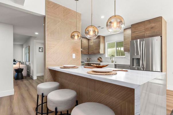 Interior, Kitchen, Pendant Lights, Recessed Lighting, Stainless Steel Appliances, Wood Texture Flooring