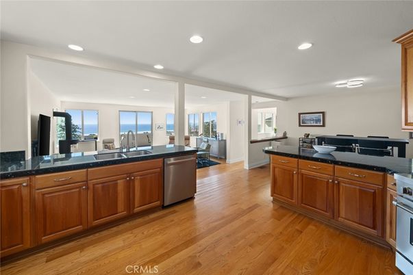 Interior, Kitchen, Recessed Lighting, Stainless Steel Appliances, Water, Wood Texture Flooring