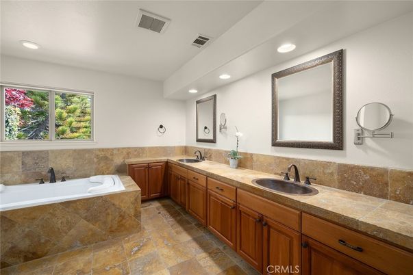 Bathroom, Dual Sink Vanities, Interior, Recessed Lighting, Tile Countertops