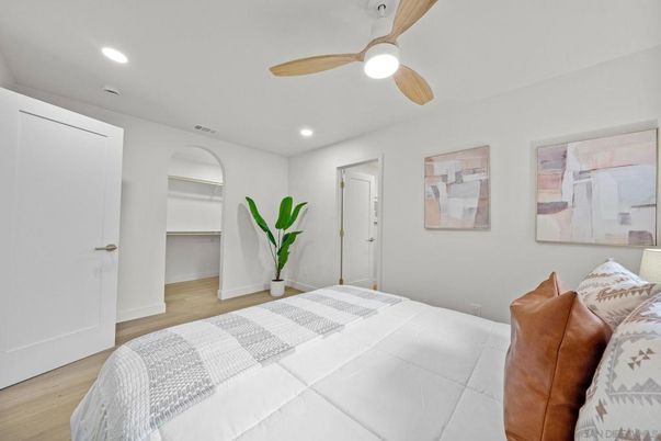 Bedroom, Interior, Recessed Lighting, Wood Texture Flooring