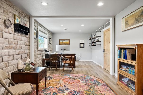 Dining room, Interior, Recessed Lighting, Stone Walls, Wood Texture Flooring