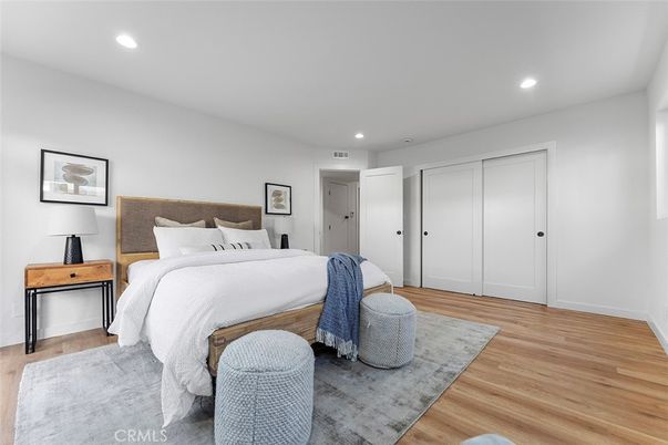Bedroom, Interior, Recessed Lighting, Wood Texture Flooring