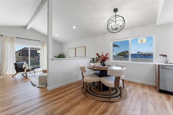 Dining room, Interior, Pendant Lights, Recessed Lighting, Wood Texture Flooring