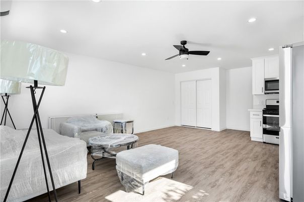 Interior, Kitchen, Recessed Lighting, Stainless Steel Appliances, Wood Texture Flooring