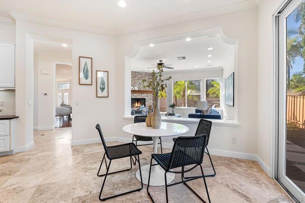 Dining room, Fireplace, Interior, Recessed Lighting