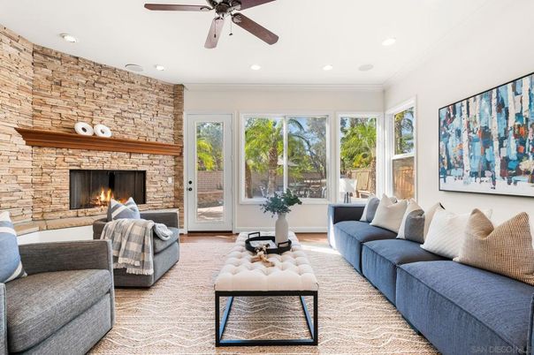 Fireplace, Interior, Living room, Recessed Lighting, Stone Walls