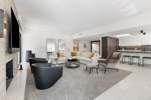 Fireplace, Interior, Kitchen, Living room, Recessed Lighting