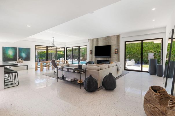 Dining room, Fireplace, Interior, Living room, Pendant Lights, Recessed Lighting