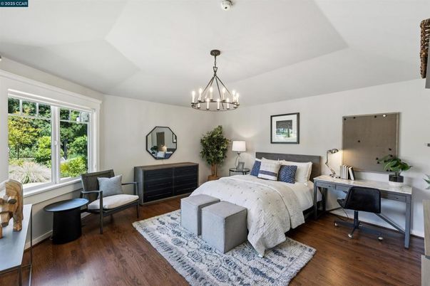 Bedroom, Chandelier, Home Office, Interior, Wood Texture Flooring