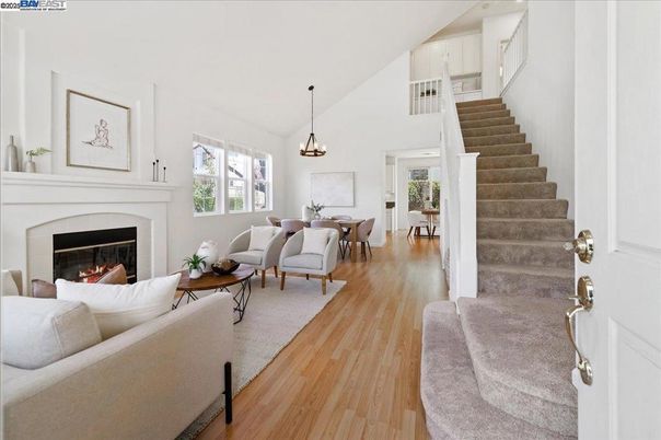 Dining room, Fireplace, Interior, Living room, Pendant Lights, Wood Texture Flooring
