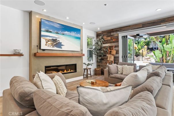 Fireplace, Interior, Living room, Recessed Lighting, Wood Texture Flooring, Wooden Walls