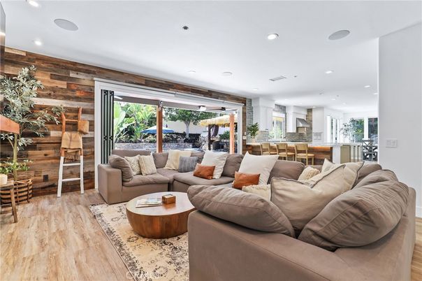 Interior, Kitchen, Living room, Recessed Lighting, Wood Texture Flooring, Wooden Walls