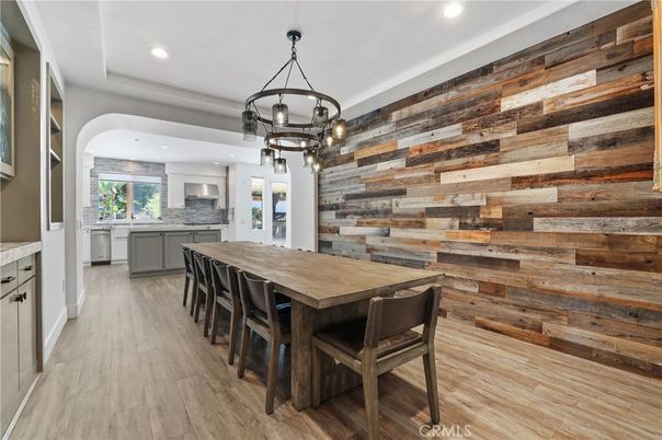 Dining room, Interior, Kitchen, Pendant Lights, Recessed Lighting, Wood Texture Flooring, Wooden Walls