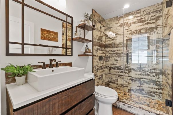 Bathroom, Glass Shower, Interior, Recessed Lighting, Wood Texture Flooring