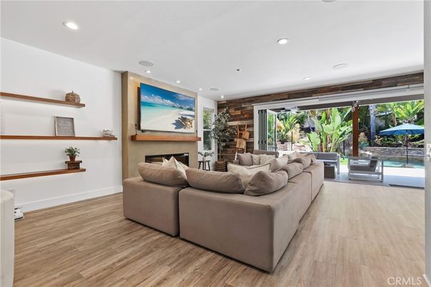 Fireplace, Interior, Living room, Recessed Lighting, Wood Texture Flooring, Wooden Walls
