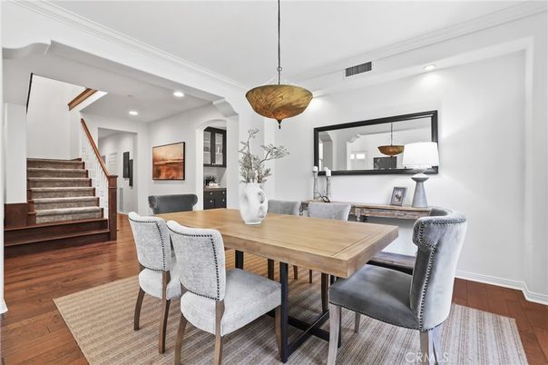 Dining room, Interior, Pendant Lights, Recessed Lighting, Wood Texture Flooring