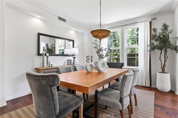 Dining room, Interior, Pendant Lights, Recessed Lighting, Wood Texture Flooring