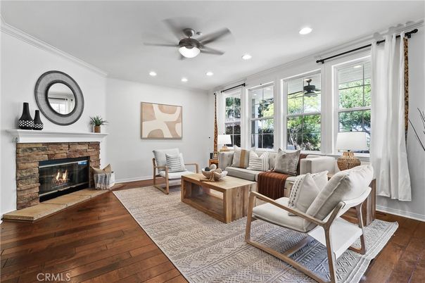 Fireplace, Interior, Living room, Recessed Lighting, Wood Texture Flooring