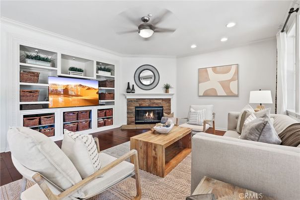 Fireplace, Interior, Living room, Recessed Lighting, Wood Texture Flooring