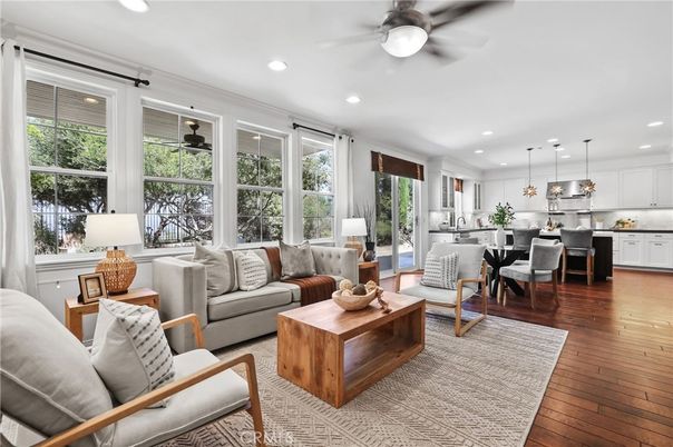 Dining room, Interior, Kitchen, Living room, Pendant Lights, Recessed Lighting, Stainless Steel Appliances, Wood Texture Flooring