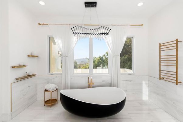 Bathroom, Free Standing Baths, Interior, Marble, Marble Walls, Pendant Lights, Recessed Lighting