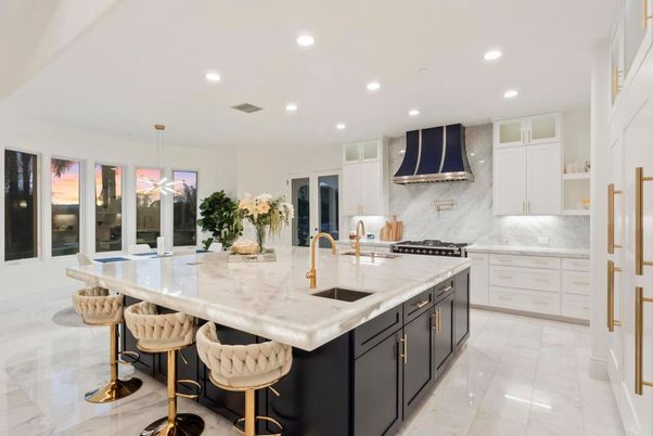 Interior, Kitchen, Marble, Pendant Lights, Recessed Lighting, Stainless Steel Appliances