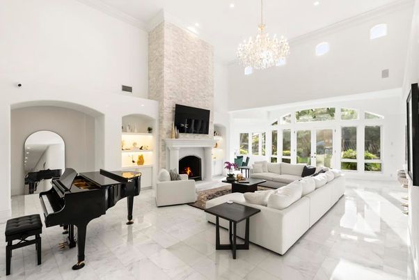 Chandelier, Fireplace, Interior, Living room, Marble, Piano, Recessed Lighting