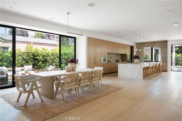 Dining room, Interior, Kitchen, Pendant Lights, Recessed Lighting, Wood Texture Flooring