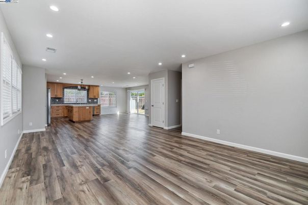 Empty room, Interior, Kitchen, Pendant Lights, Recessed Lighting, Wood Texture Flooring