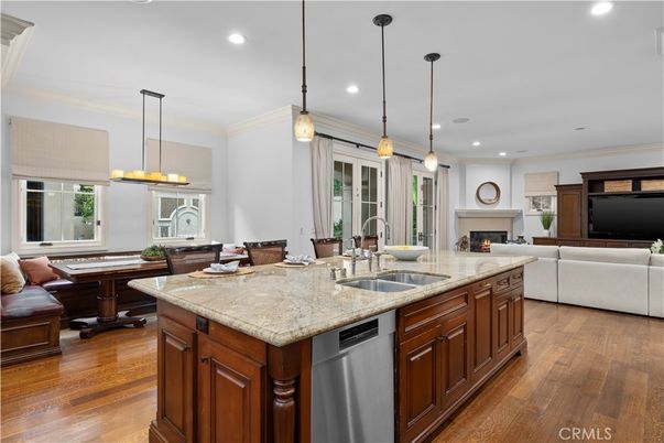 Dining room, Fireplace, Interior, Kitchen, Living room, Pendant Lights, Recessed Lighting, Wood Texture Flooring