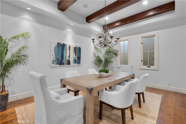 Chandelier, Dining room, Interior, Recessed Lighting, Wooden Beams, Wood Texture Flooring