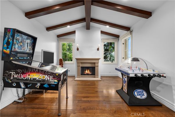 Fireplace, Game Room, Interior, Recessed Lighting, Wooden Beams, Wood Texture Flooring