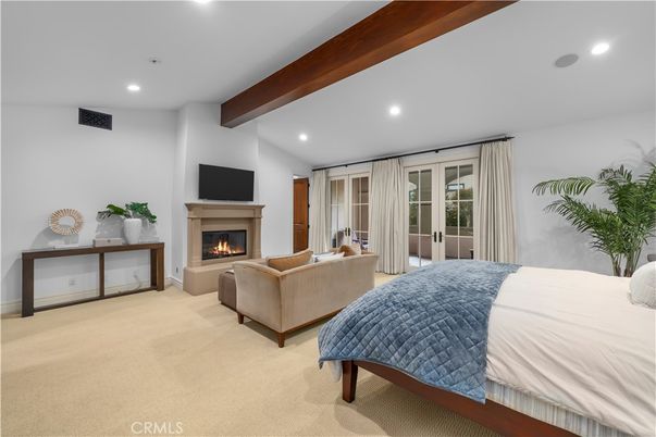 Bedroom, Fireplace, Interior, Recessed Lighting, Wooden Beams