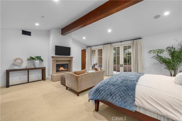 Bedroom, Fireplace, Interior, Recessed Lighting, Wooden Beams