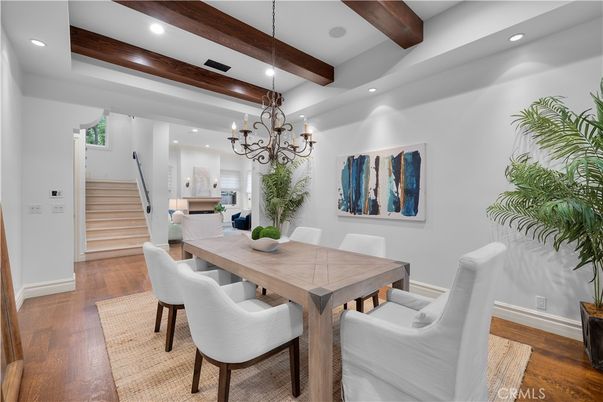 Chandelier, Dining room, Interior, Recessed Lighting, Wooden Beams, Wood Texture Flooring